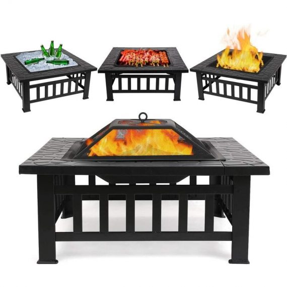 Bamny Fire Pit Table Outdoor with BBQ Grill Shelf, Multifunctional Garden Terrace Fire Bowl Heater/BBQ/Ice Pit, 32" Diameter Square Fireplace with 117555 768558597884