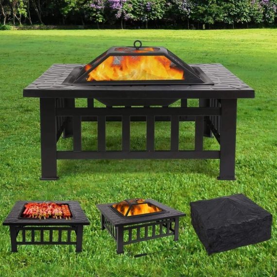 3 in 1 Garden Fire Pit with bbq Grill Shelf, Multifunctional Fire Pit for Heating/BBQ, Garden Terrace Fire Bowl, Square Metal Fire Basket with 794775166572 794775166572
