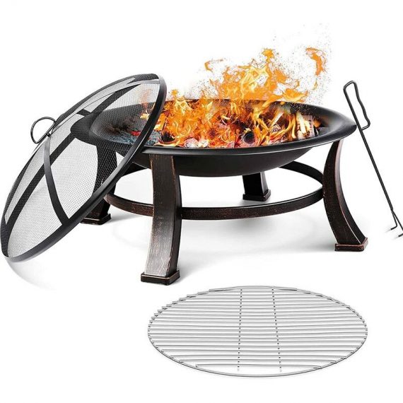 Bamny 30' Fire Bowl Outdoor Patio Fire Pit with Mesh Spark Screen Cover, BBQ Grill, Log Grate, Firepit Poker, Waterproof Cover, Wood Burning Stove 1014613A 768558597822