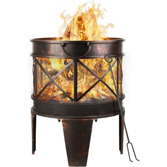 Bamny BBQ Fire Pit with Grill, 17inch Metal Mesh Heater Fire Brazier, 4-Leg Fire Basket with Metal Frame/BBQ&Charcoal Grill/Handles/Poker for Garden, 794775166534 794775166534