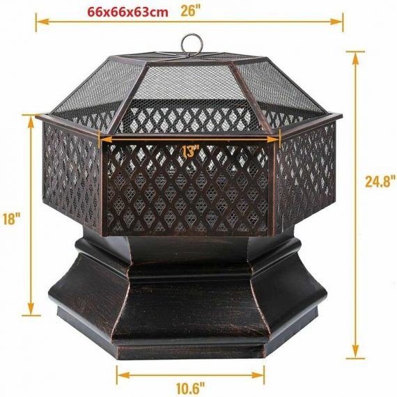 Bamny - Fire Bowl, 66 x 66 x 63 cm, 26 Inch Hexagonal Fire Pit, Garden, Fire Basket with Grill Grate, Spark Guard Grate, Poker & Charcoal Grate, for 1017788 768558611573