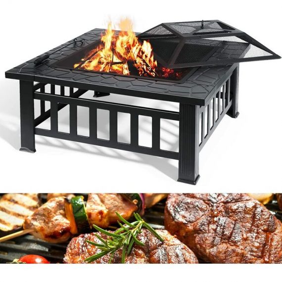 Outdoor bbq Fire Pit 81 x 81 x 48 cm, bbq Fire Pit with 304 Stainless Steel Grill, Waterproof Blanket, Spark Protection Lid, Fire Fork 1008427-1 674012904719