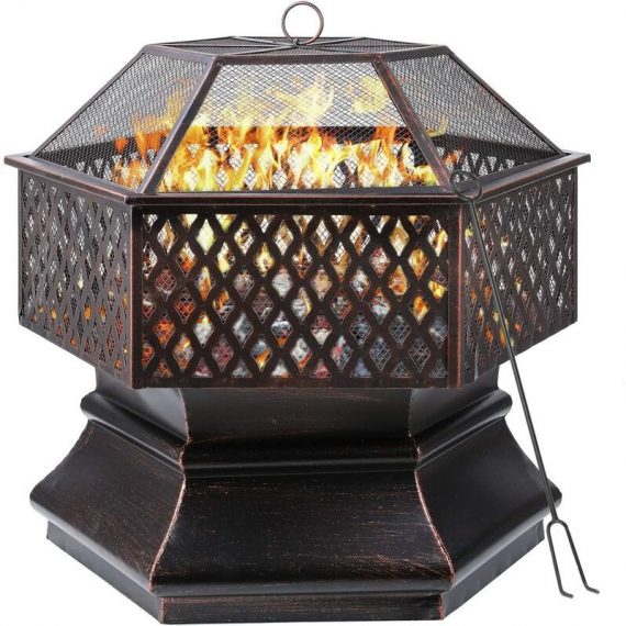 Fire Bowl, 66 x 66 x 63 cm, 26 Inch Hexagonal Fire Pit, Garden, Fire Basket with Grill Grate, Spark Guard Grate, Poker & Charcoal Grate, for 1017788-1 674012904726