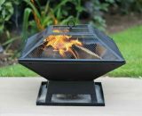 Square Fire Pit With BBQ Grill & Poker, Large Square Fire Pit Black Powder Coated Paint Metal, Tiled Edging Brazier and Mesh Lid with Handle, Firepit CH713 5060475083453