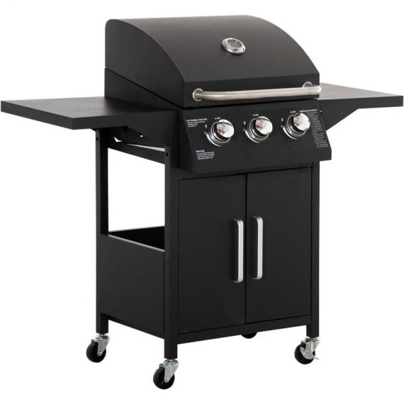 Outsunny 3 Burner Gas Grill Portable BBQ Trolley w/ 4 Wheels and Side Shelves - Black 5056534562144 5056534562144
