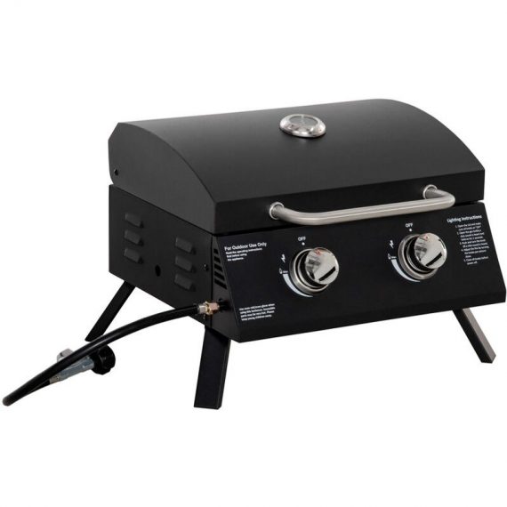 Outsunny Portable Tabletop Gas BBQ Grill Barbecue w/ 2 Burner Lid Thermometer - Black 5056534562021 5056534562021