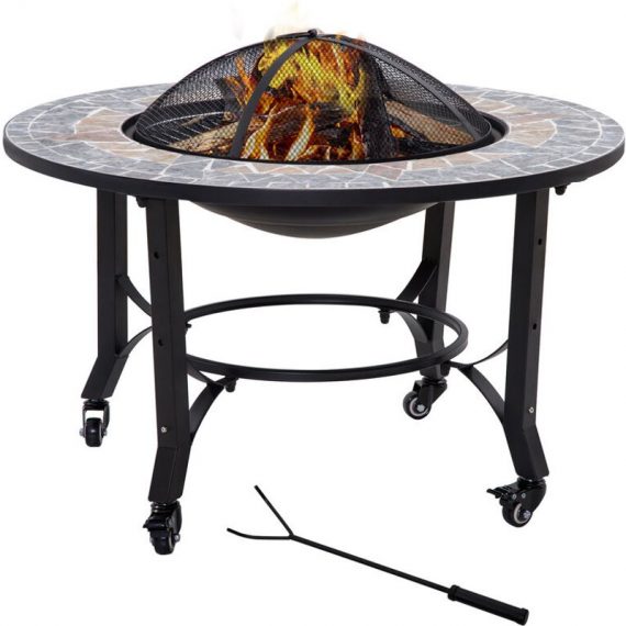 Outsunny - Firepit on Wheels Fire Bowl w/ Grill Spark Screen Cover Fire Poker - Black, Multi-colored Top 5056534572211 5056534572211