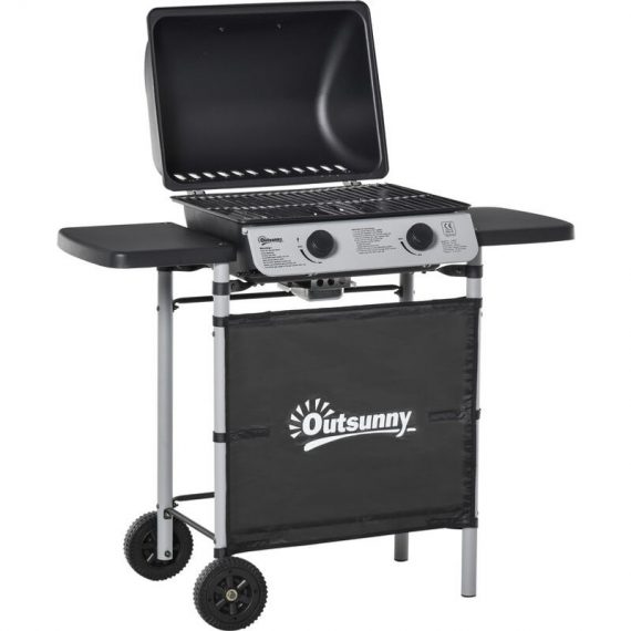 Propane Gas Barbecue Grill 2 Burner Cooking bbq 5.6 kW w/ Side Shelves - Black - Outsunny 5056399128110 5056399128110