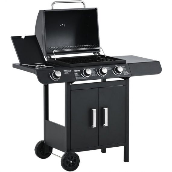 Deluxe Gas Barbecue Grill 3+1 Burner Garden bbq w/ Large Cooking Area - Black - Outsunny 5056399127311 5056399127311