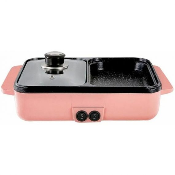 2 in 1 Multifunction 1400W Electric Cooking Hot Pot Cooker Barbecue Grill Hot Pot Egg Noodles Soup Barbecue Grill Plate Nonstick Barbecue Pan (Pink, BAY-34619 6286528580499