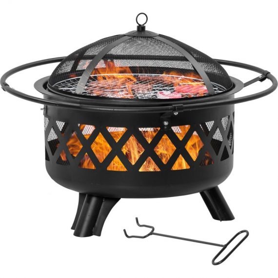 Outsunny 2-in-1 Outdoor Fire Pit with BBQ Grill, Patio Heater Log Wood Charcoal Burner, Firepit Bowl w/Spark Screen Cover, Poker for Backyard Bonfire 842-227 5056534571627