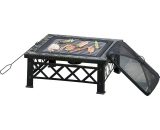 Outsunny 3 in 1 Square Fire Pit Square Table Metal Brazier for Garden, Patio with BBQ Grill Shelf, Spark Screen Cover, Grate, Poker, 76 x 76 x 47cm 842-170 5061025113248