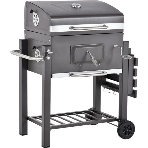 Outsunny Charcoal Grill BBQ Trolley Backyard Garden Smoker Barbecue w/ Shelf Side Table Wheels Built-in Thermometer 846-013 5056029892541