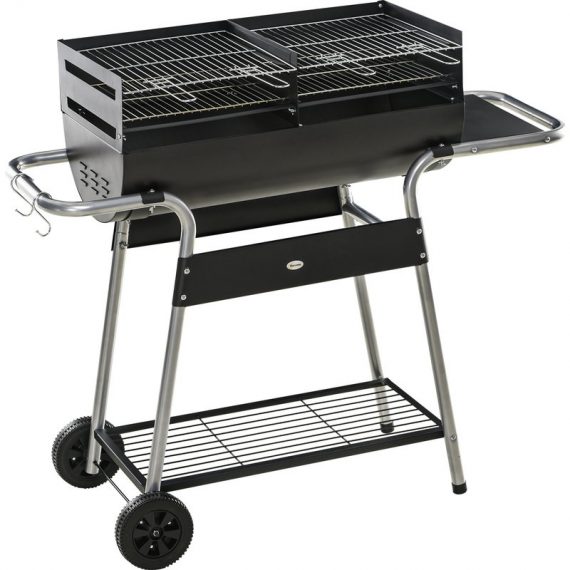 Outsunny Charcoal Barbecue Grill Garden BBQ Trolley w/ Adjustable Grill Height, Double Grill, Side Table, Storage Shelf and Wheels, Black 846-107V00BK 5056602955625
